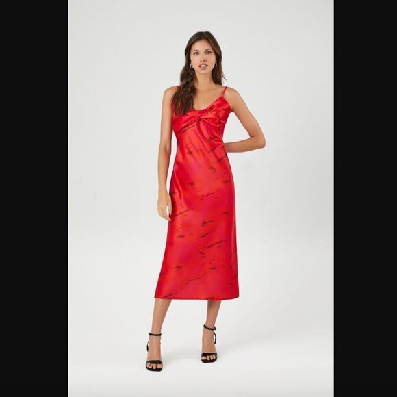 Forever 21 Red Satin Abstract Print Midi Dress M - Picture 1 of 14